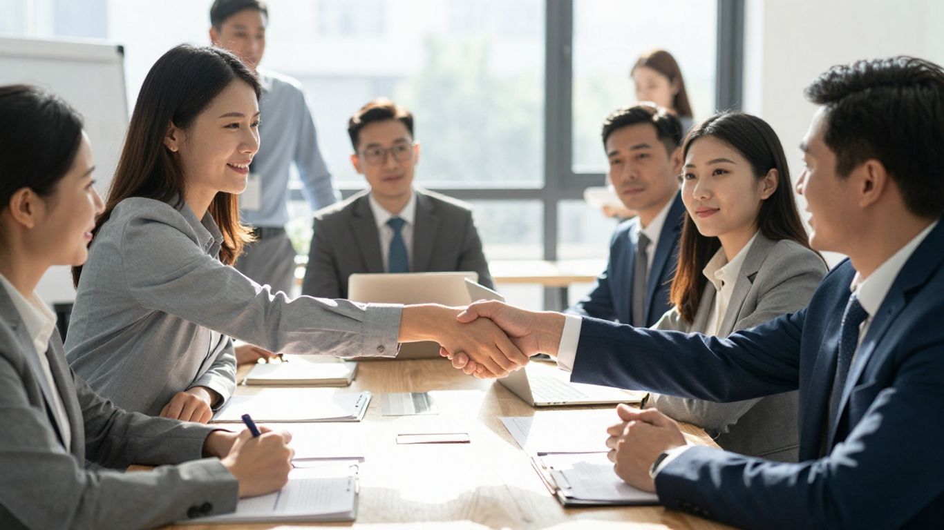Business consultants and client shaking hands in a modern office.