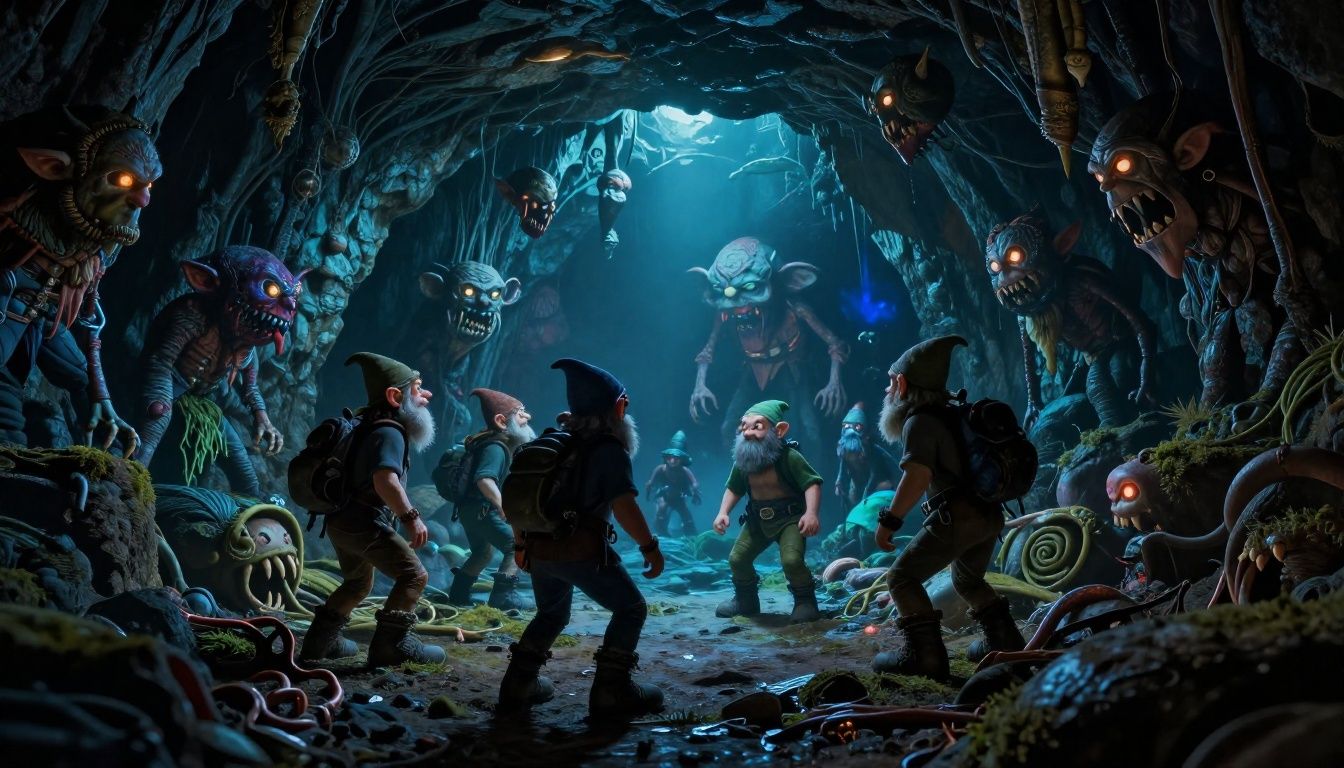 Equipe de anões enfrentando hordas de criaturas em cavernas escuras com iluminação neon