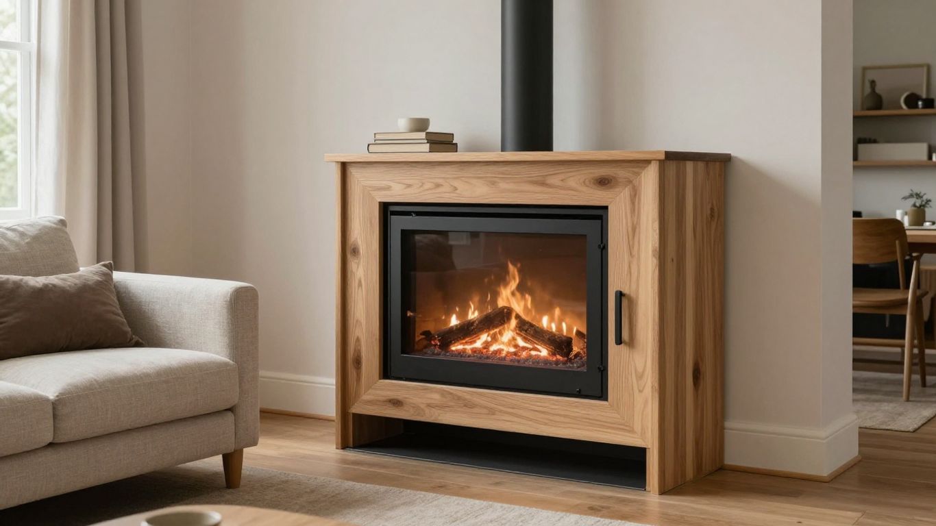 Freestanding biofuel fireplace in a calm living room