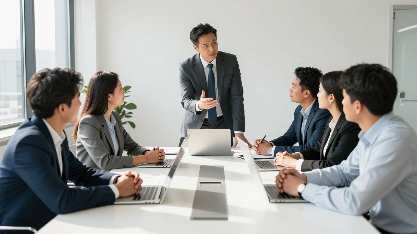 Diverse professionals in a modern office meeting.