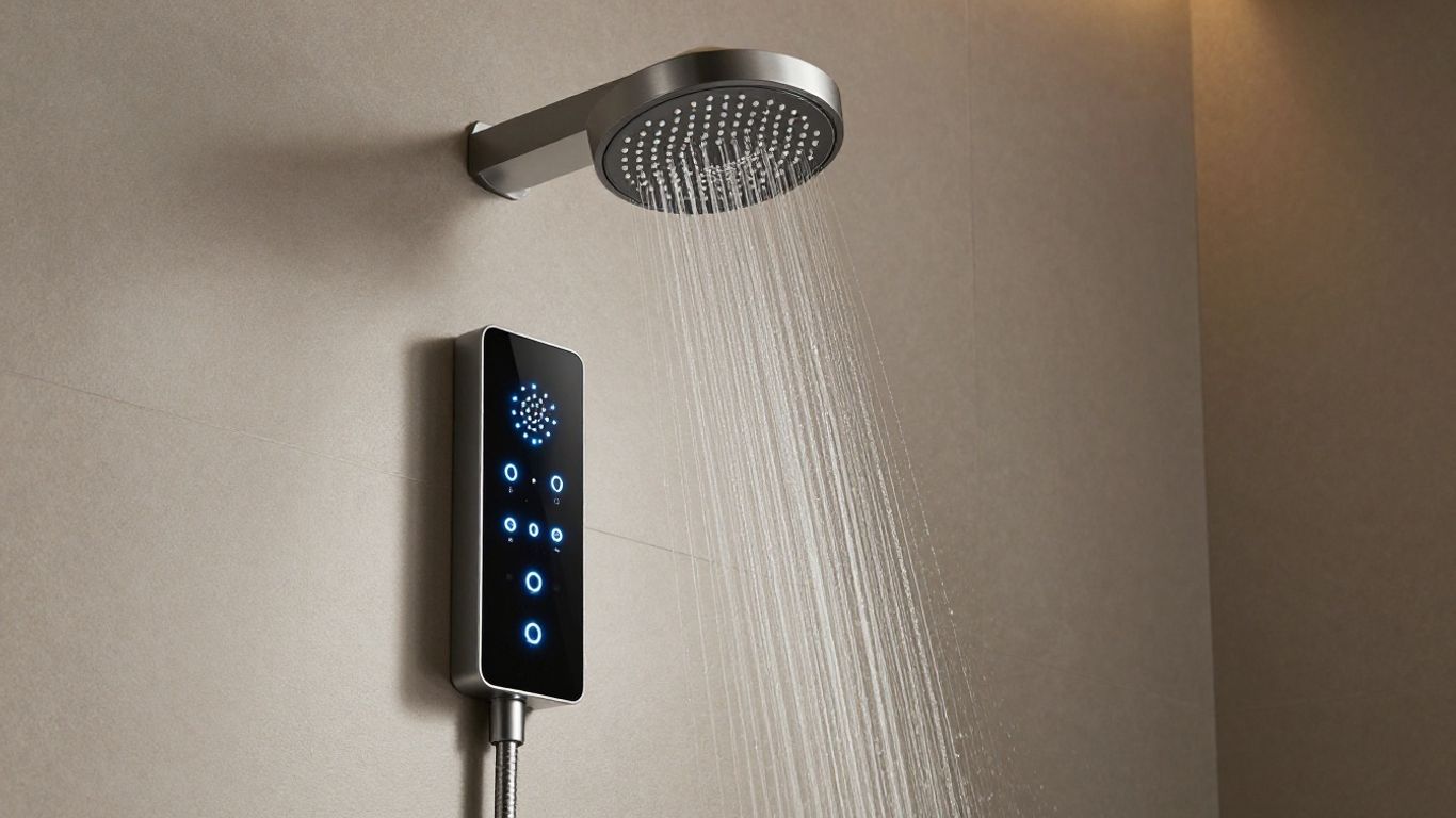 Smart remote shower control system in a modern bathroom.