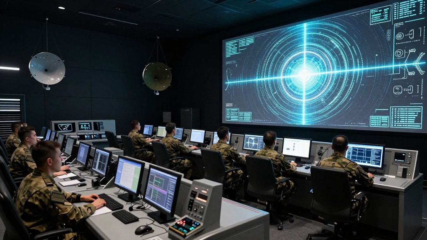 Soldați monitorizând echipamente electronice într-o cameră de control militar.