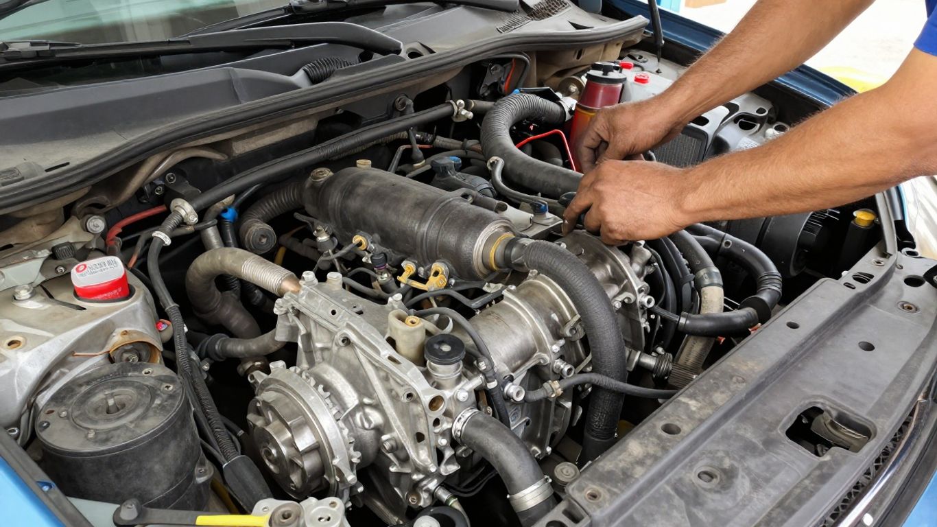 Mechanic inspecting a hot vehicle transmission