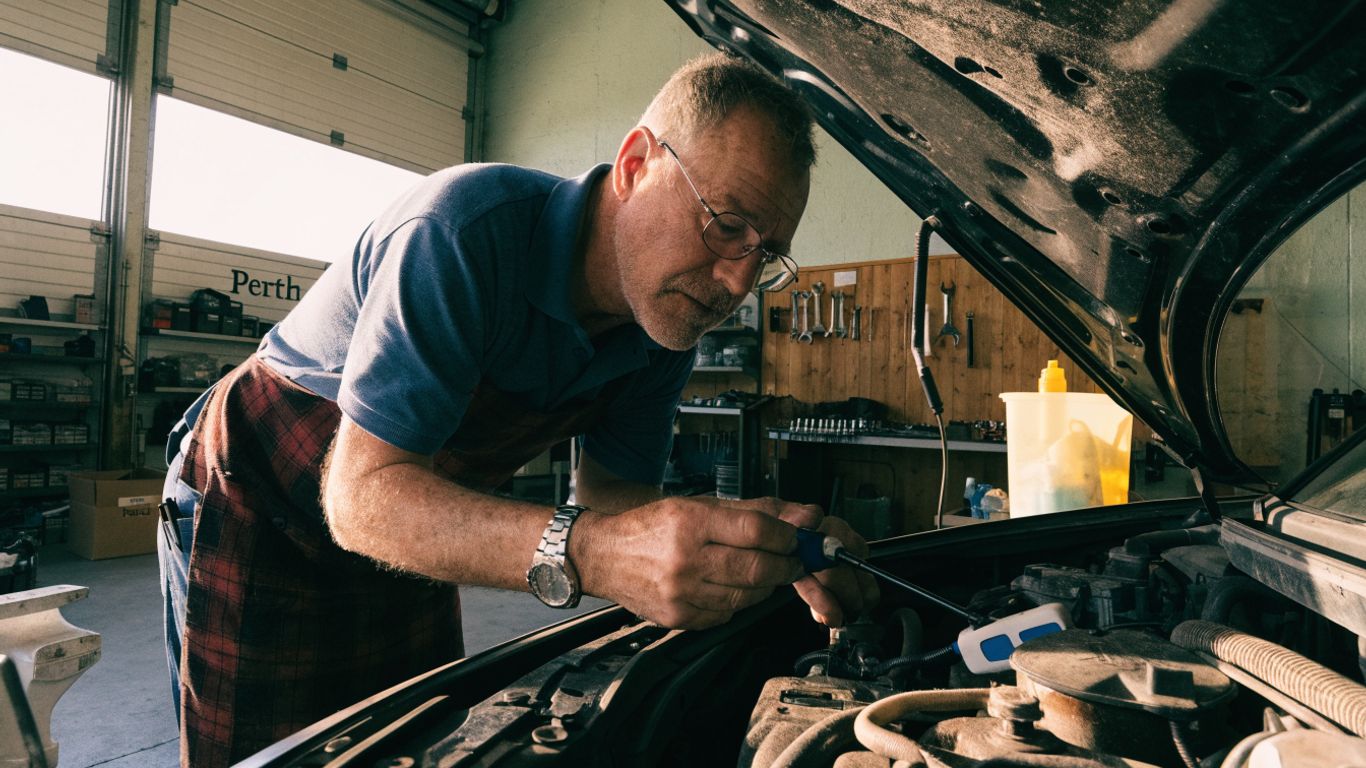 Mechanic checking an engine beside a vehicle