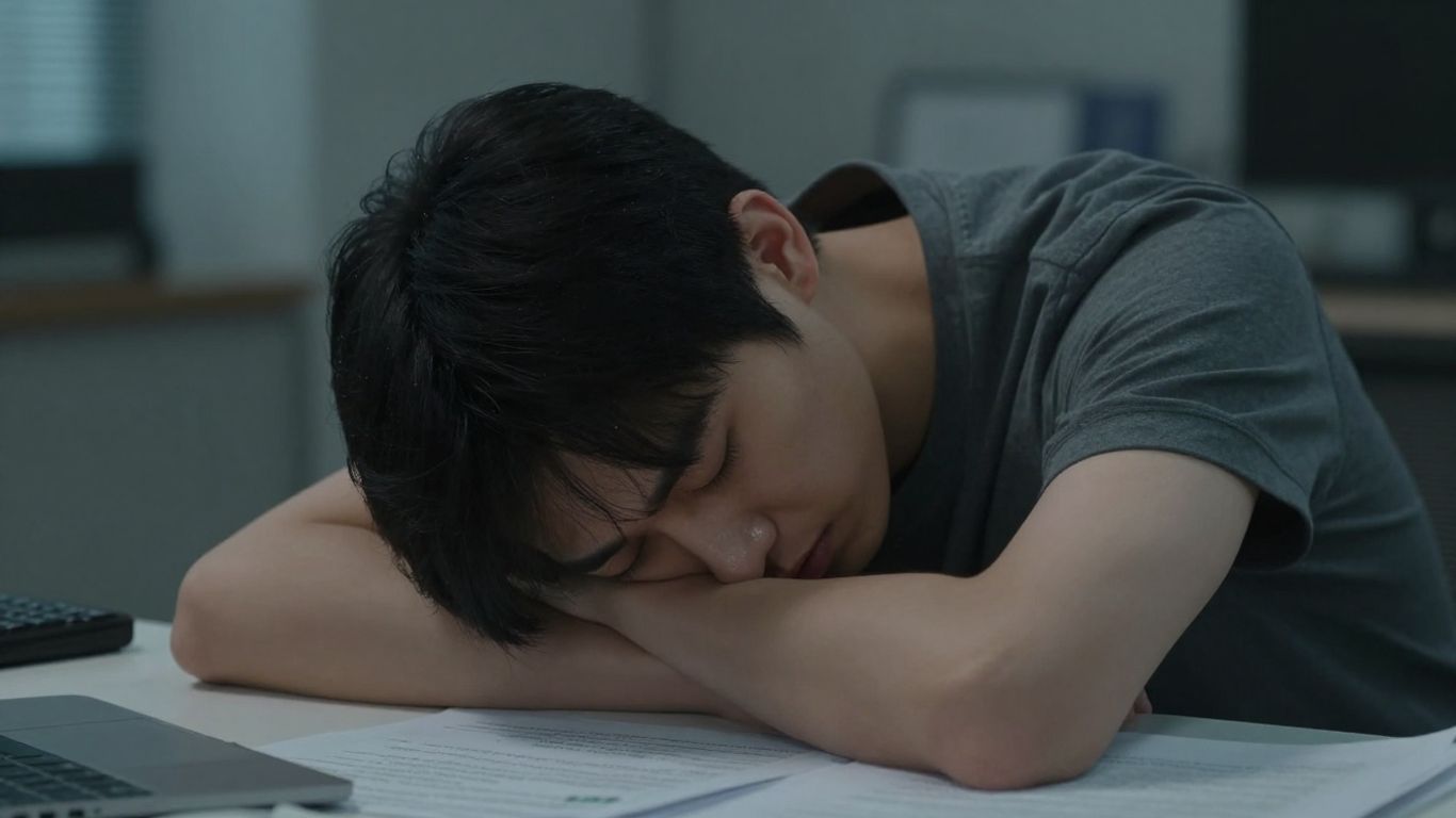 Pessoa exausta em uma mesa de escritório.