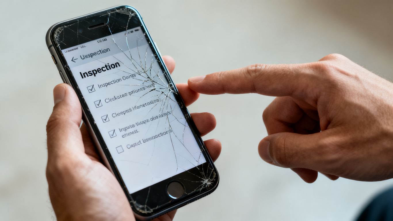 Hånd der holder brugt telefon med tjekliste på skærmen.