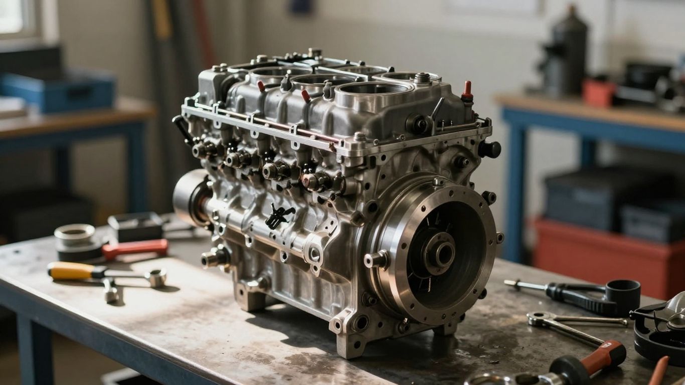Reconditioned Nissan engine in a workshop setting.