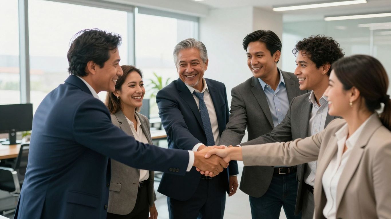 Empresarios mexicanos felices colaborando en una oficina moderna.