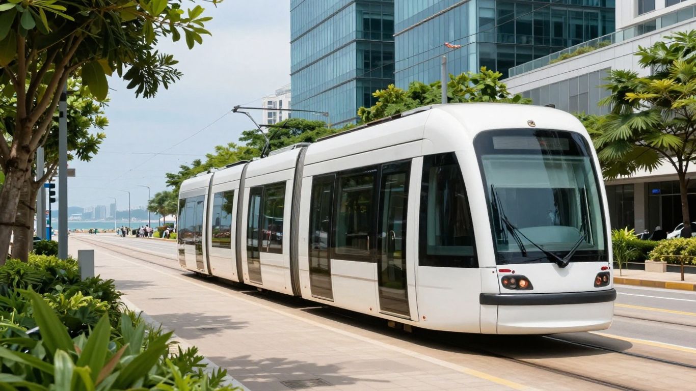 Light rail moving past city blocks