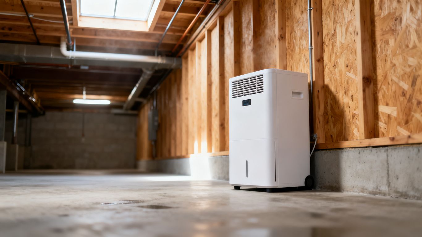 A modern dehumidifier operating in a residential basement environment