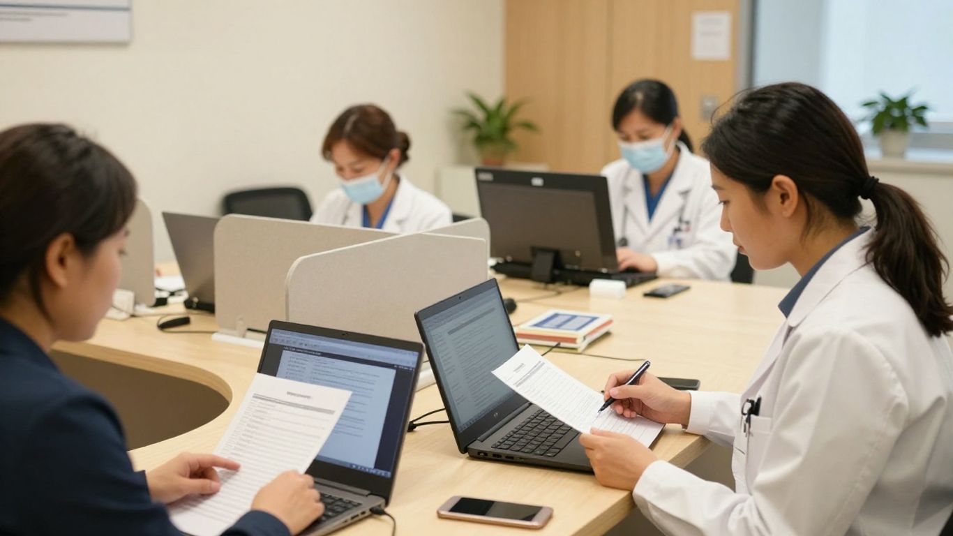 Reception team reviewing patient enquiry records