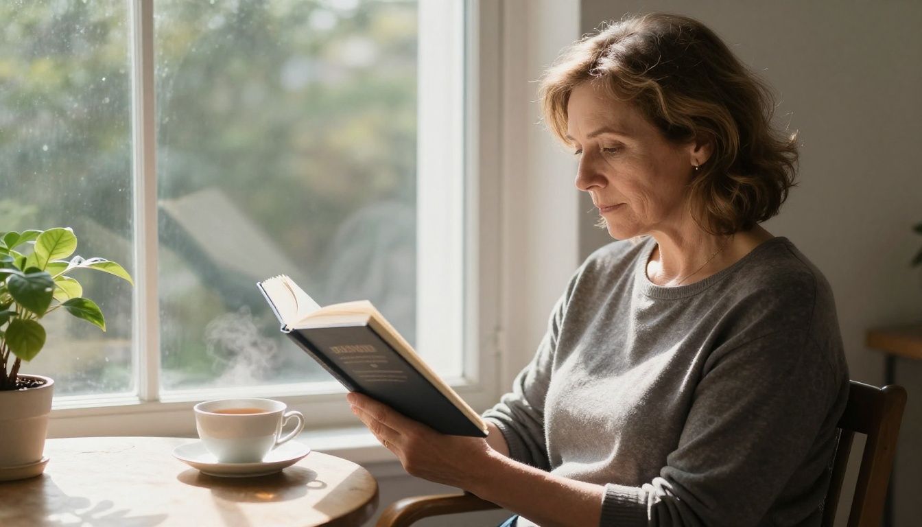 A middle-aged woman sits by a window with a cup of tea and a book, taking a quiet moment for herself in a sunlit room.
