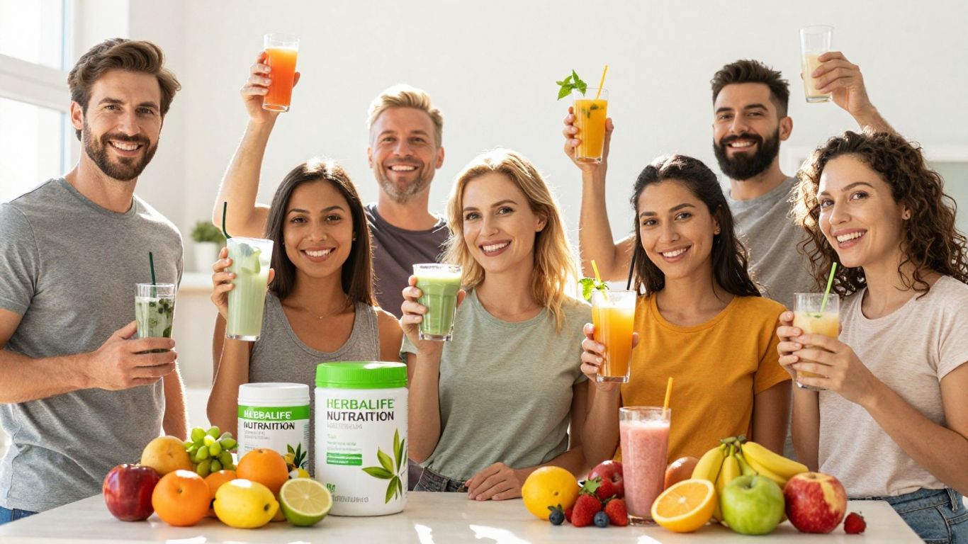 Herbalife Nutrition club members with healthy products.