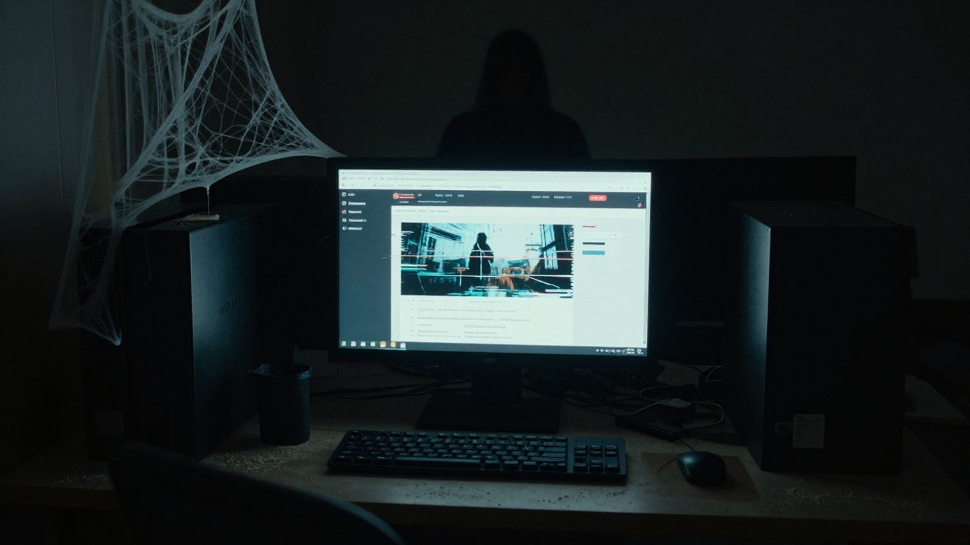 Neglected office with a broken website on screen.