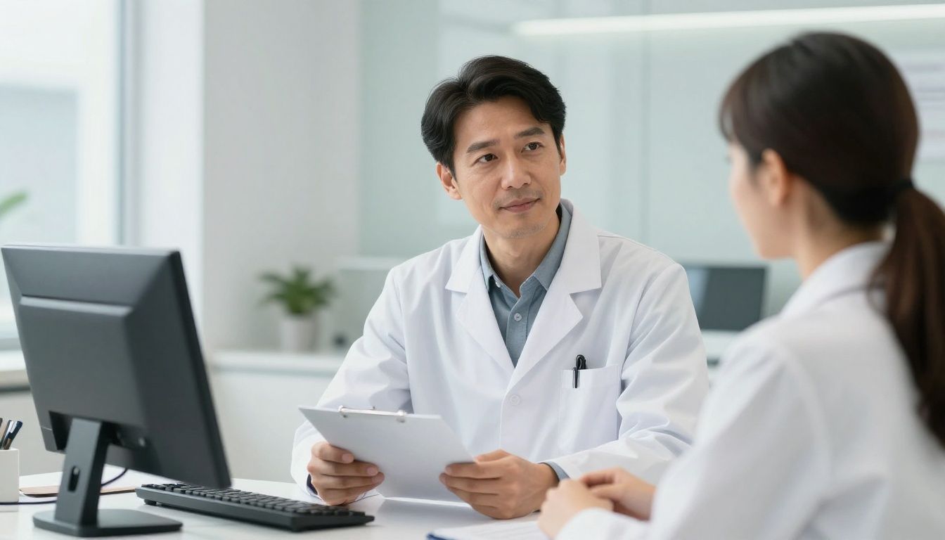 A confident man in his 40s reviewing health progress with a professional medical provider in a modern, well-lit clinic setting, conveying focus and clarity.