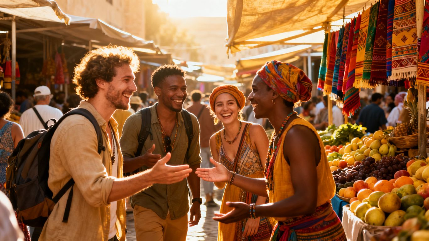 Travelers connect with locals in a vibrant marketplace.