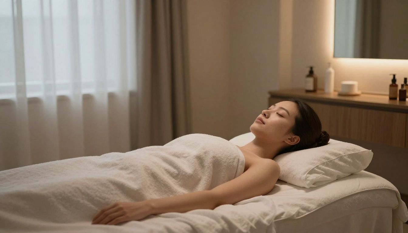 A peaceful and clean spa treatment room with soft lighting focused on skin rejuvenation products