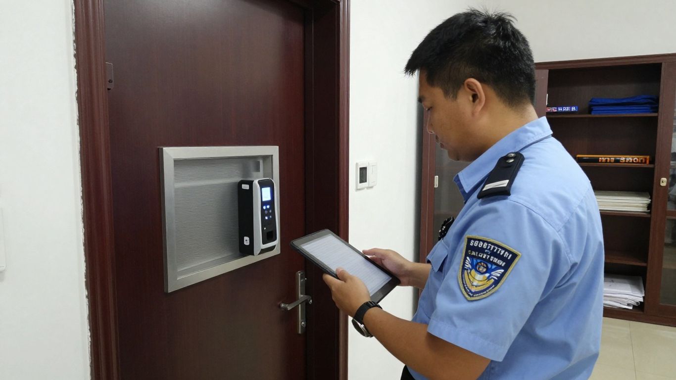 Access control technician inspecting a secure doorway