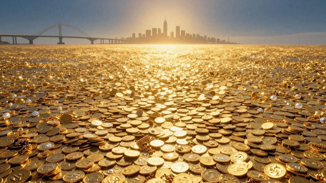Vast ocean of gold coins leading to a city skyline.