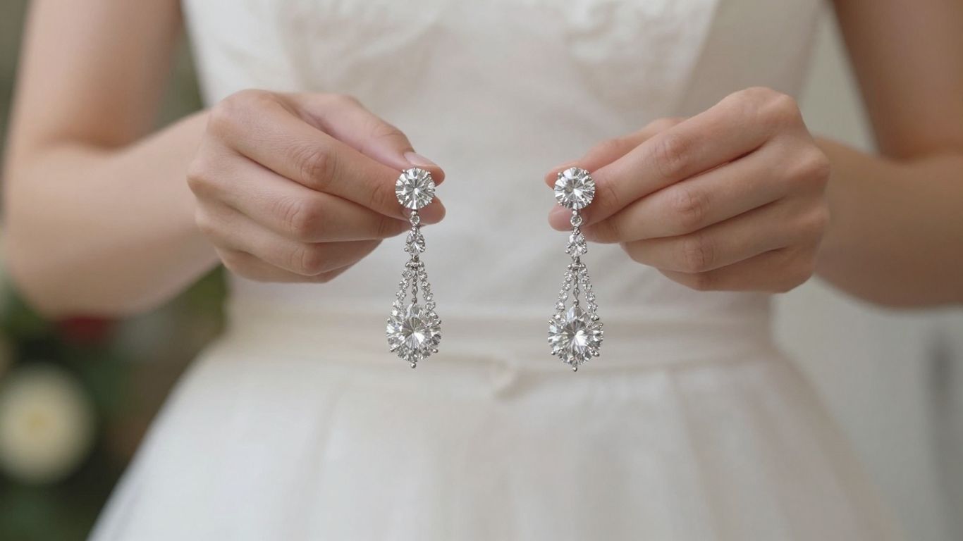 Bride holding sparkling diamond drop earrings