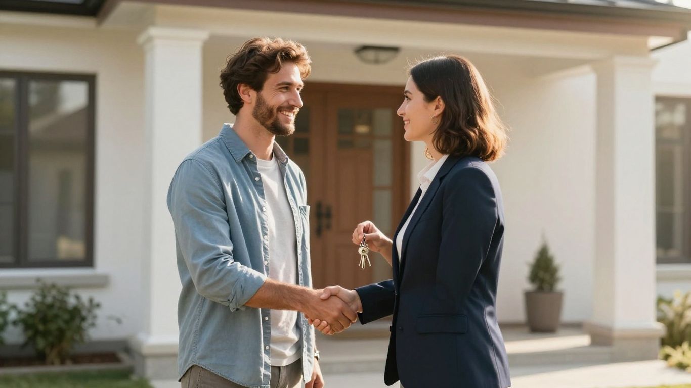 Couple and broker with house keys.