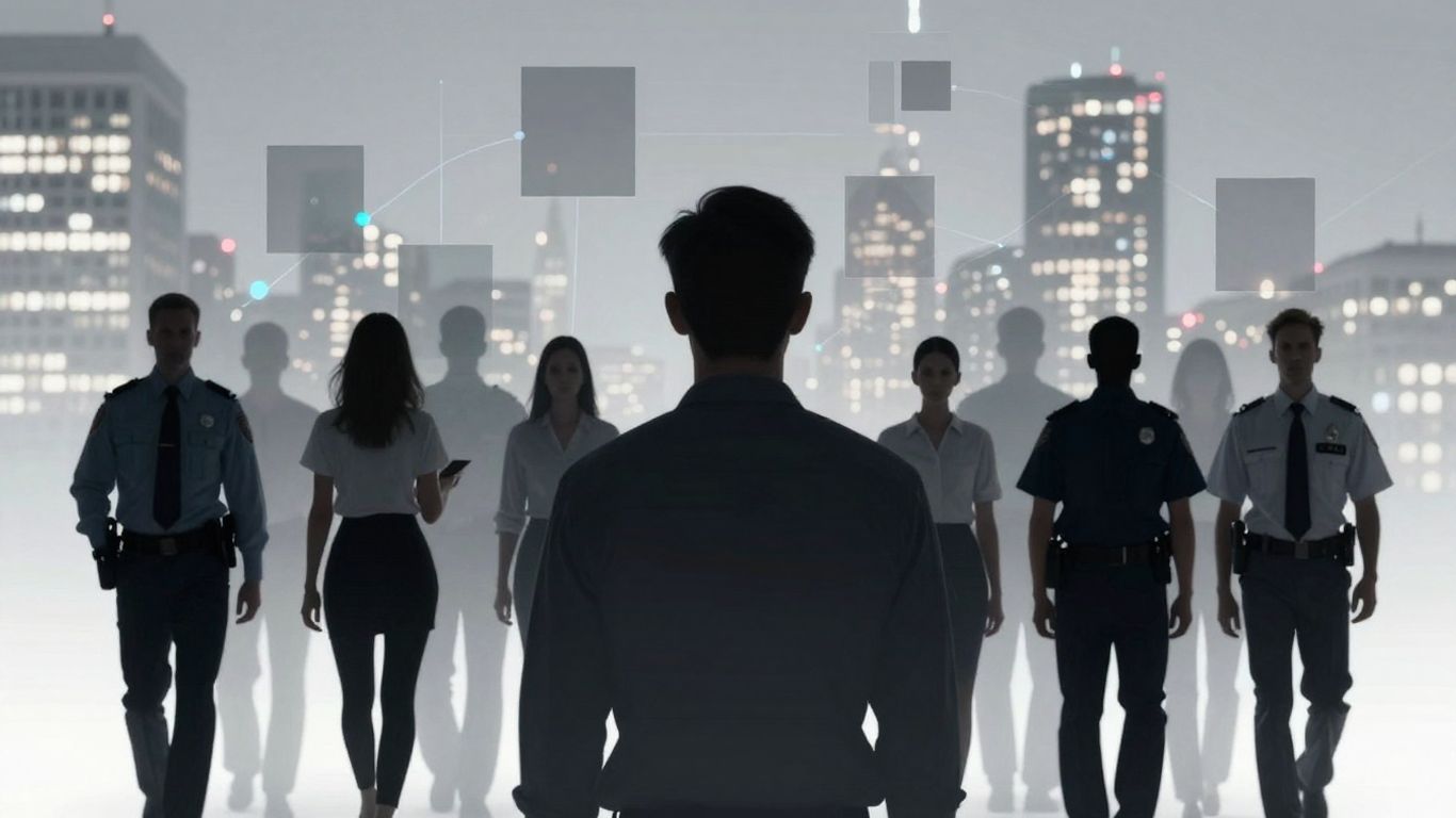 Diverse people, city lights, and abstract data connections.