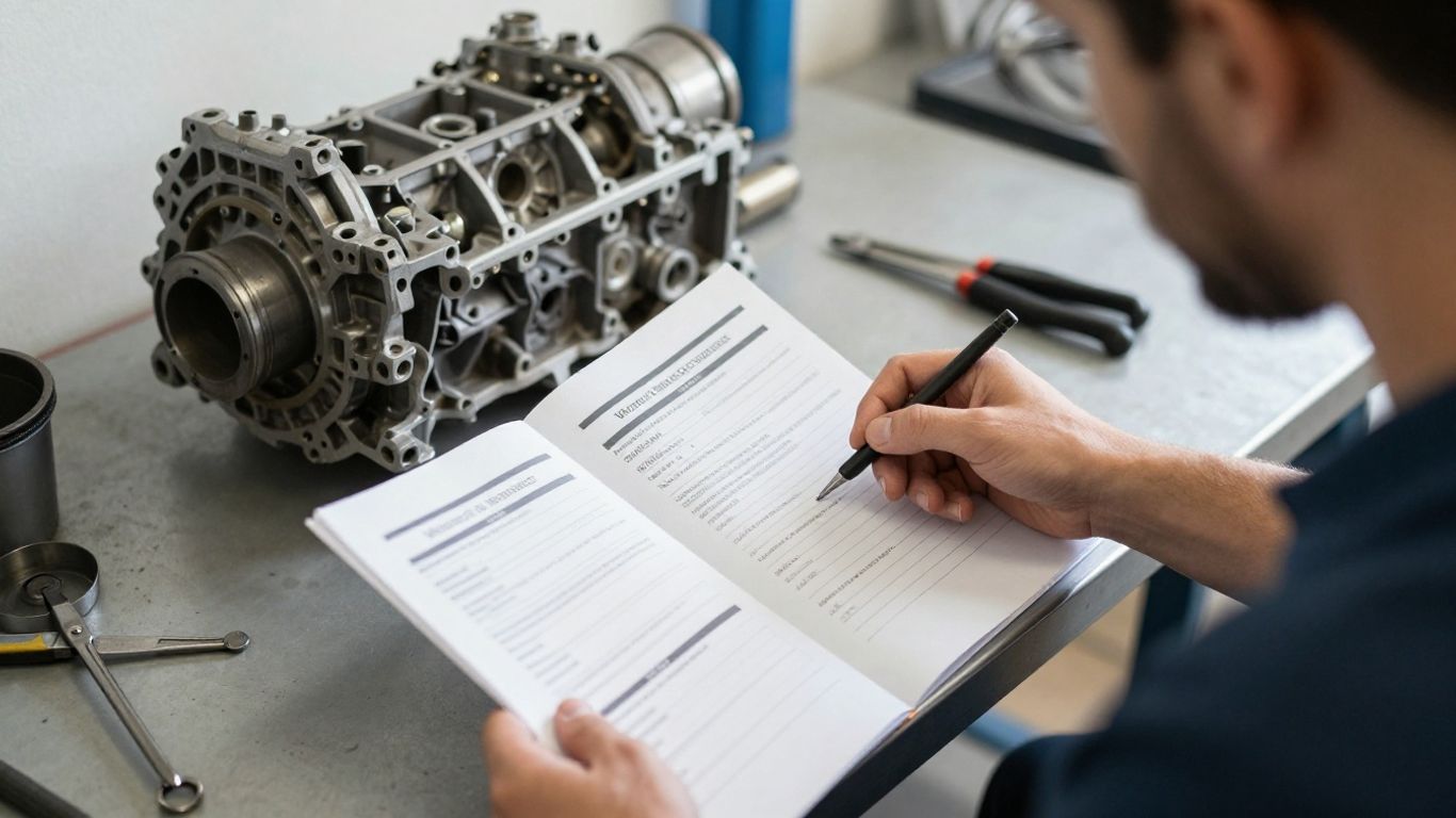 Mechanic reviewing transmission warranty paperwork