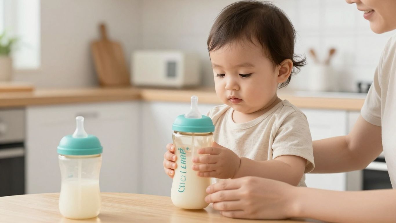 Bebé aprendiendo a beber con botella ergonómica