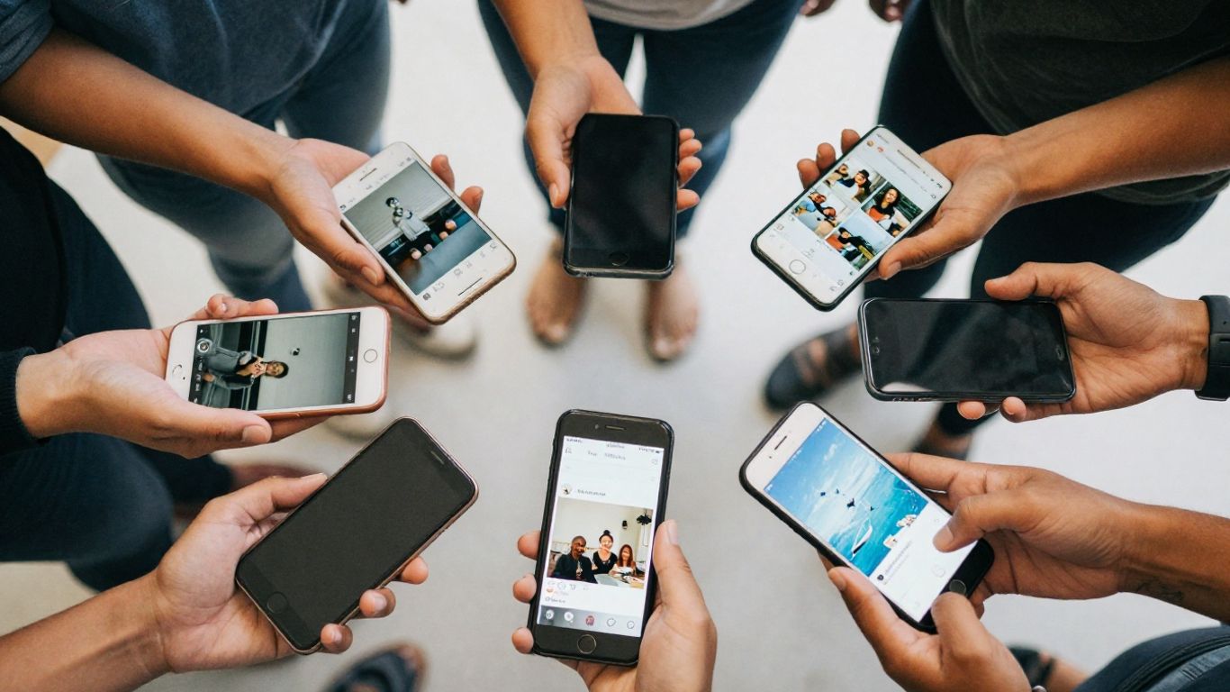 Hands holding smartphones with user-generated content.