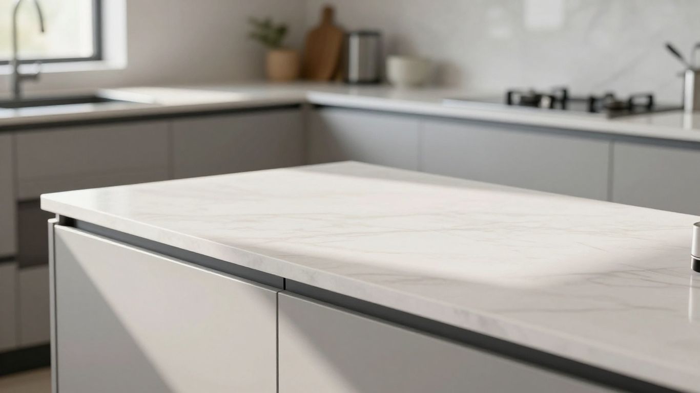 Modern kitchen with a light-colored B&Q worktop.