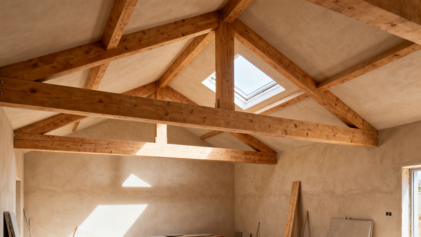 Vue intérieure d’une charpente sous toiture