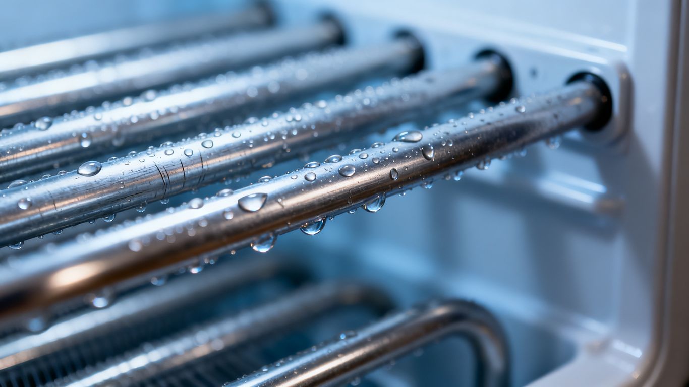Close-up of internal cooling coils with water droplets