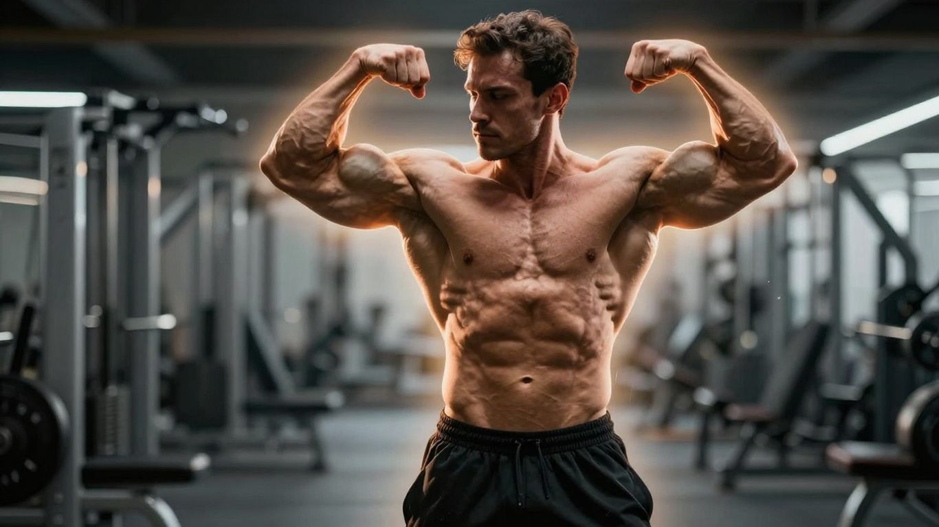 Muscular bodybuilder in gym with energetic glow.