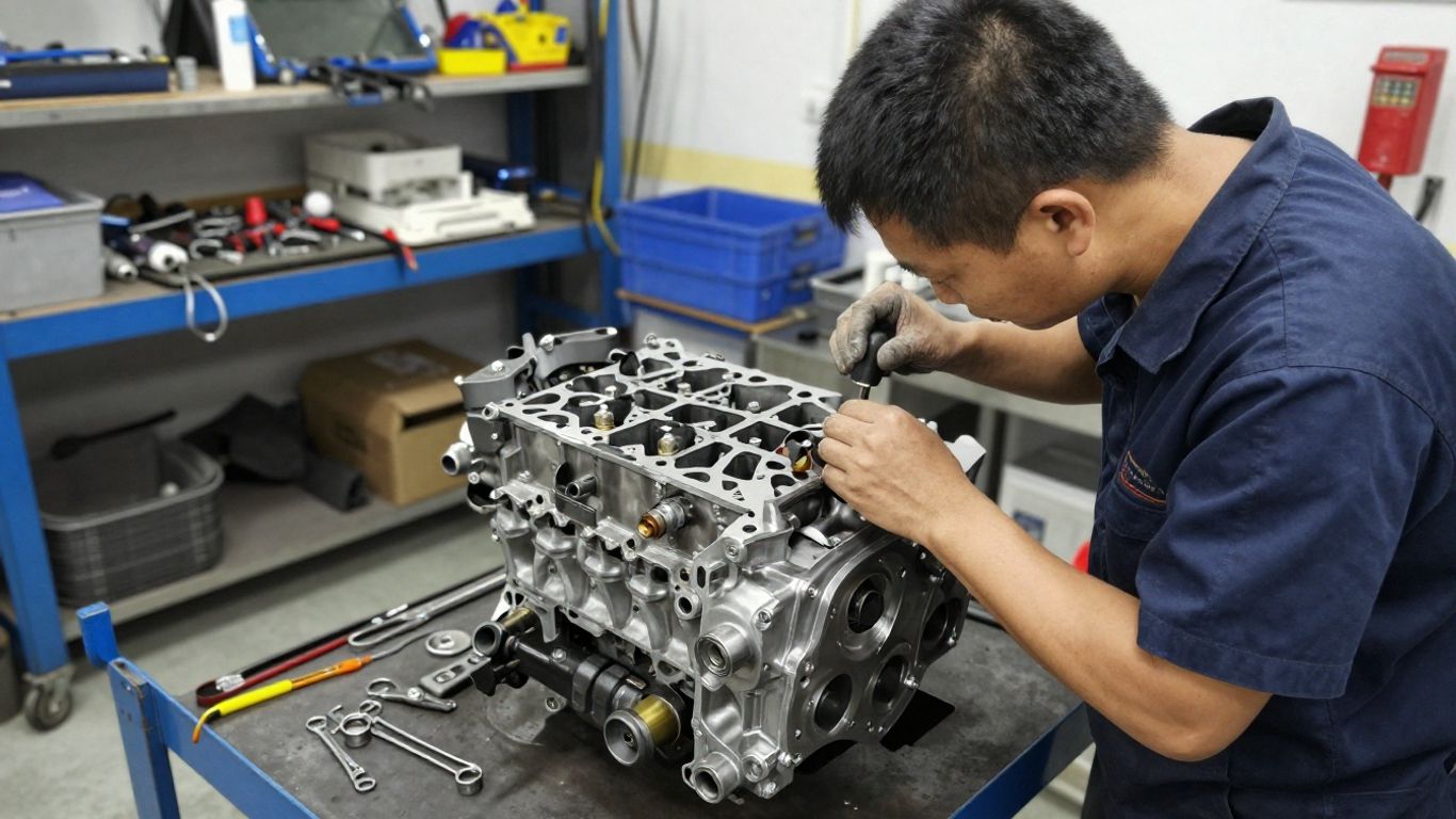 Mechanic inspecting a Mitsubishi engine in a workshop.