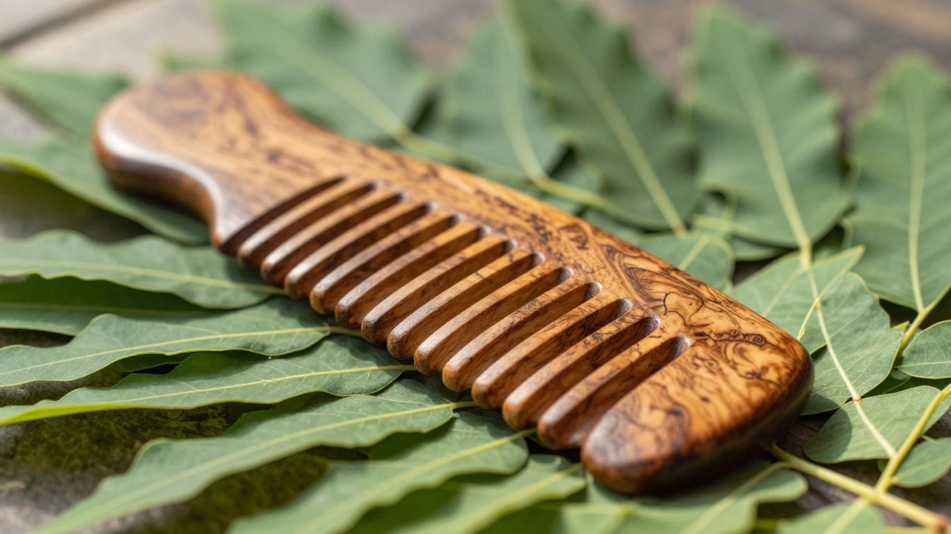 Natural neem comb with green neem leaves.