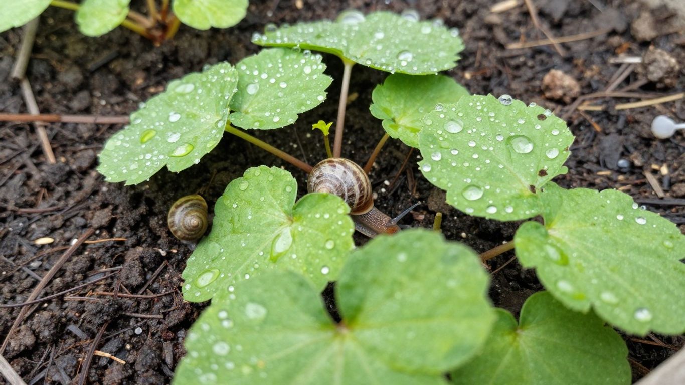 Frühlingsgarten mit jungen Blättern und Schnecken