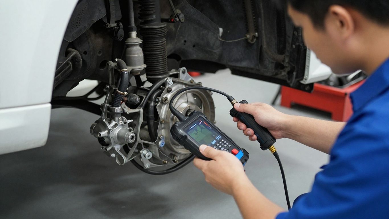 Technician diagnosing vehicle transmission temperature