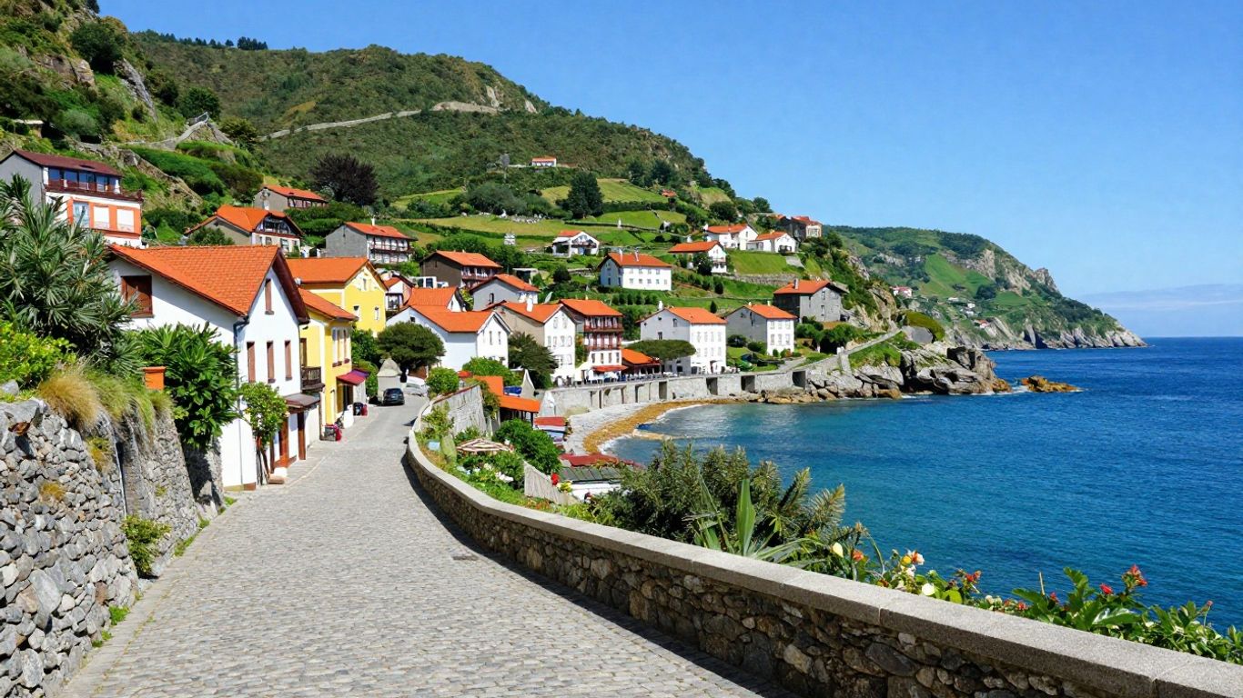 Colorful Basque village street leading to the ocean.