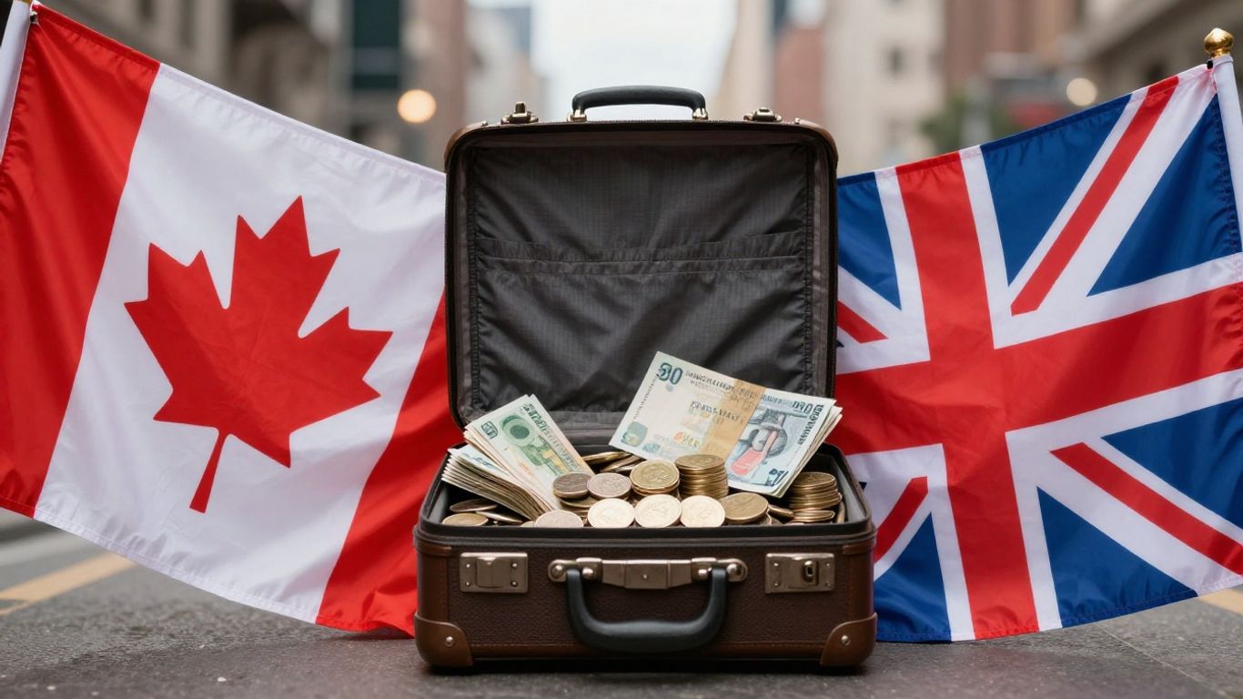 Canadian and UK flags with money and a suitcase.