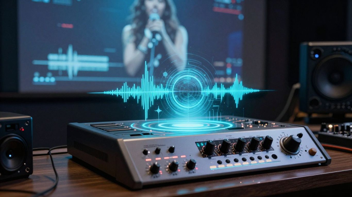 AI vocal generation in a futuristic music studio.