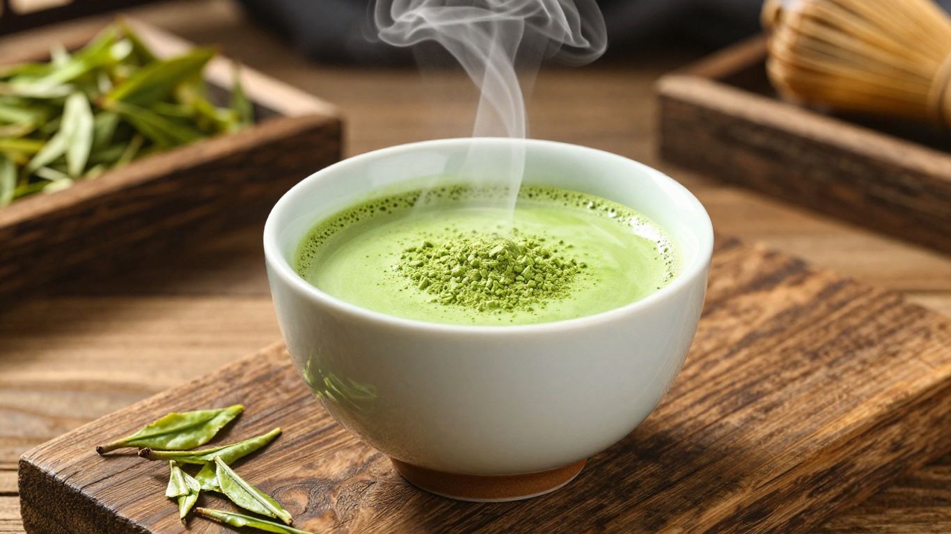 Green matcha powder in a bowl with tea leaves.