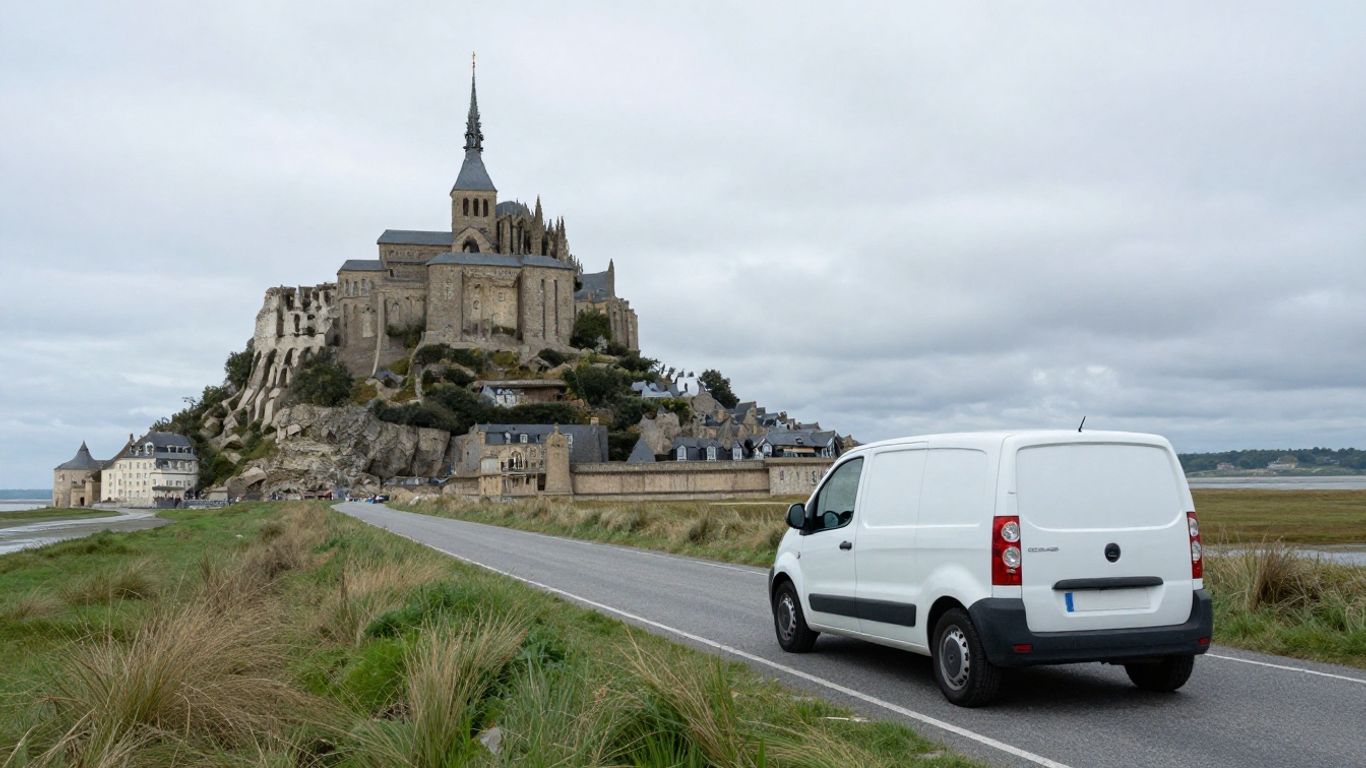 Rental car approaching Mont Saint Michel across Normandy roads