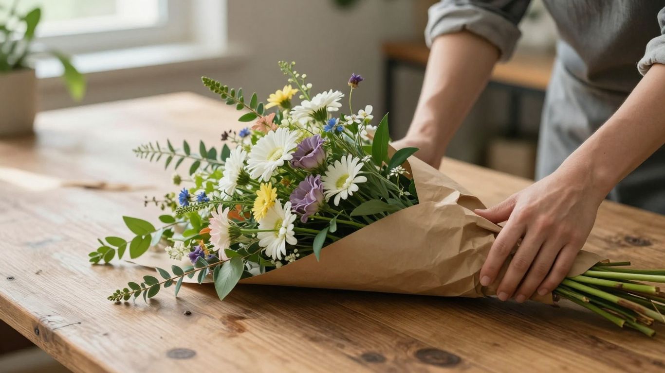 Fresh flowers wrapped for pickup