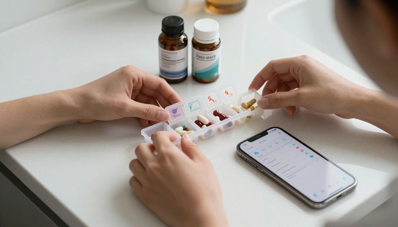 A close-up shot of a person's hands organizing various supplements, a medication bottle, and a peptide vial into a weekly pill organizer on a clean, modern countertop. A smartphone with a clean app interface is visible nearby. The scene is well-lit and conveys a sense of calm control.
