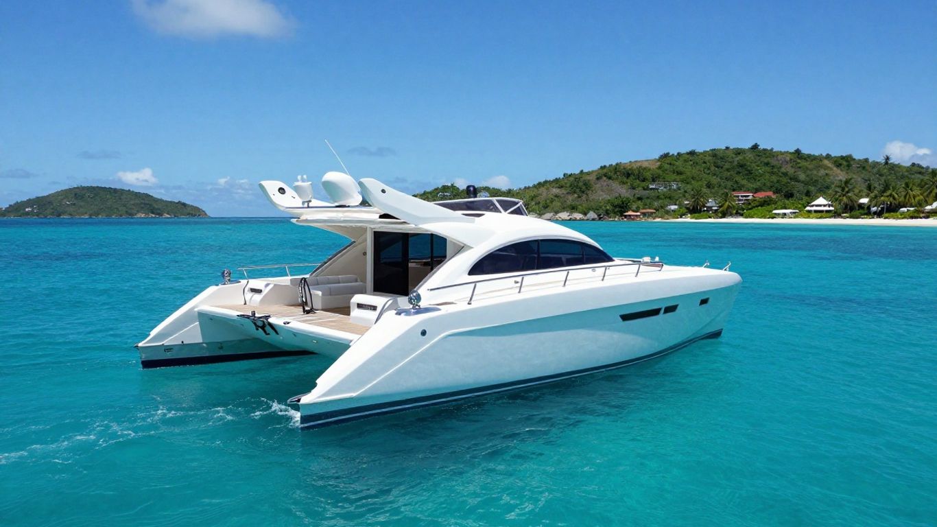 Luxury power catamaran sailing in BVI waters.