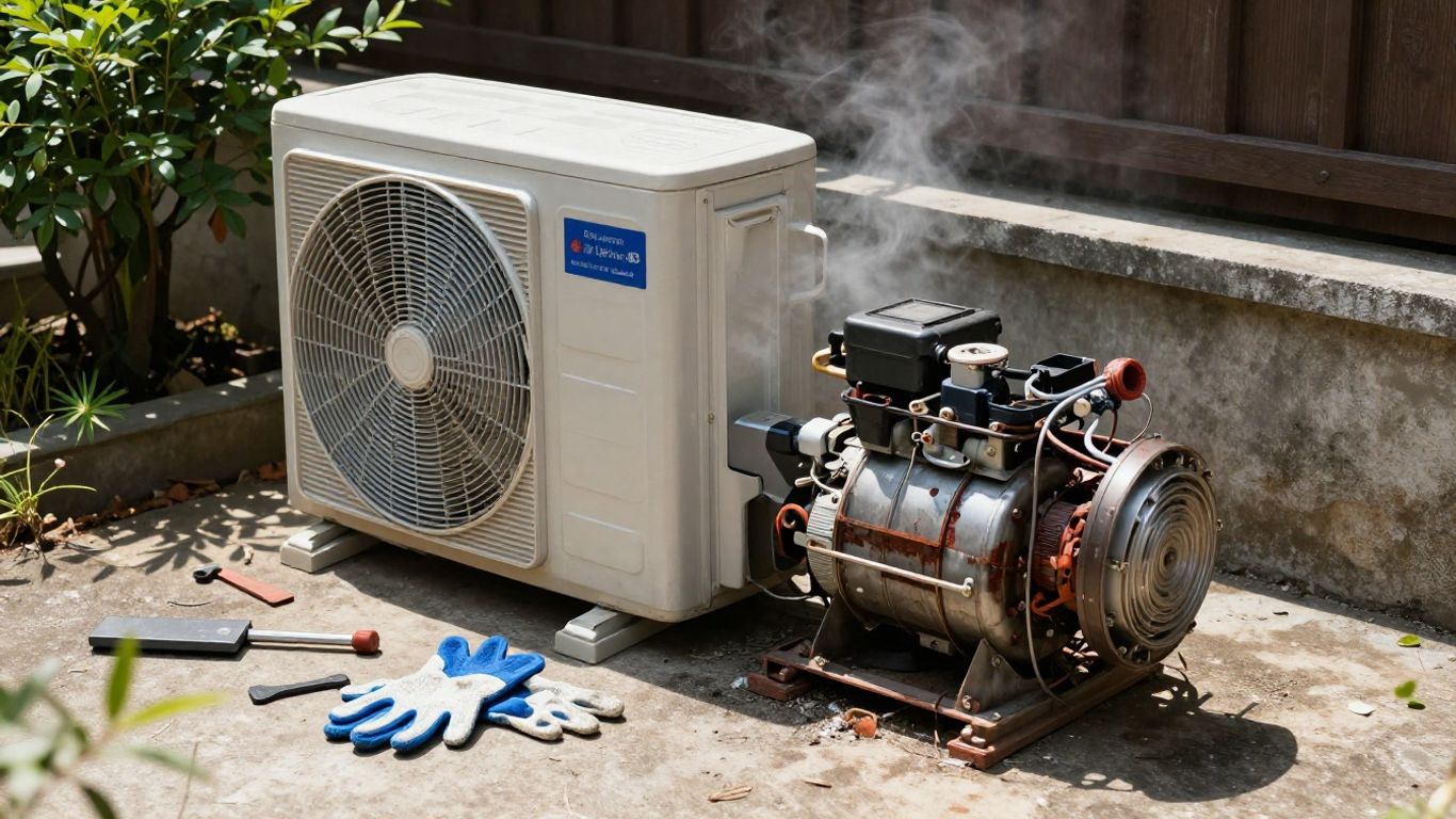 Broken AC compressor with tools in backyard setting