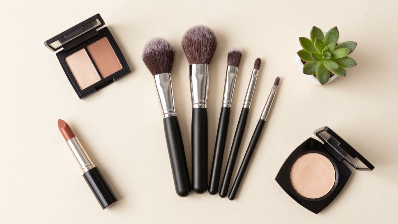 Clean beauty makeup products and brushes arranged artfully.