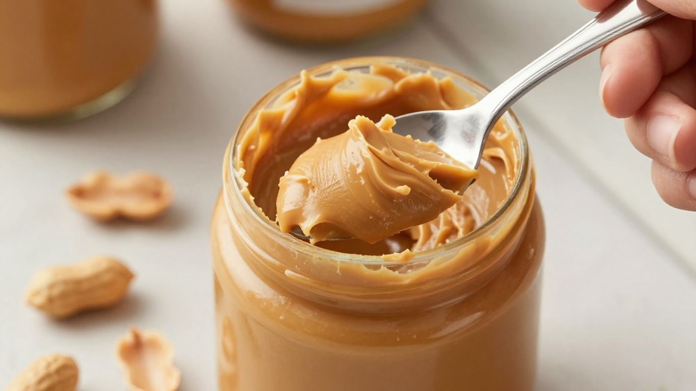 Spoonful of peanut butter with scattered peanuts.