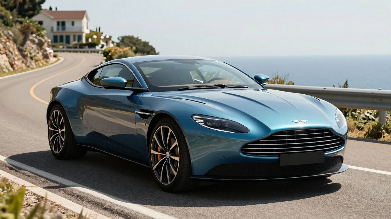 Aston Martin DB11 parked on a scenic road.