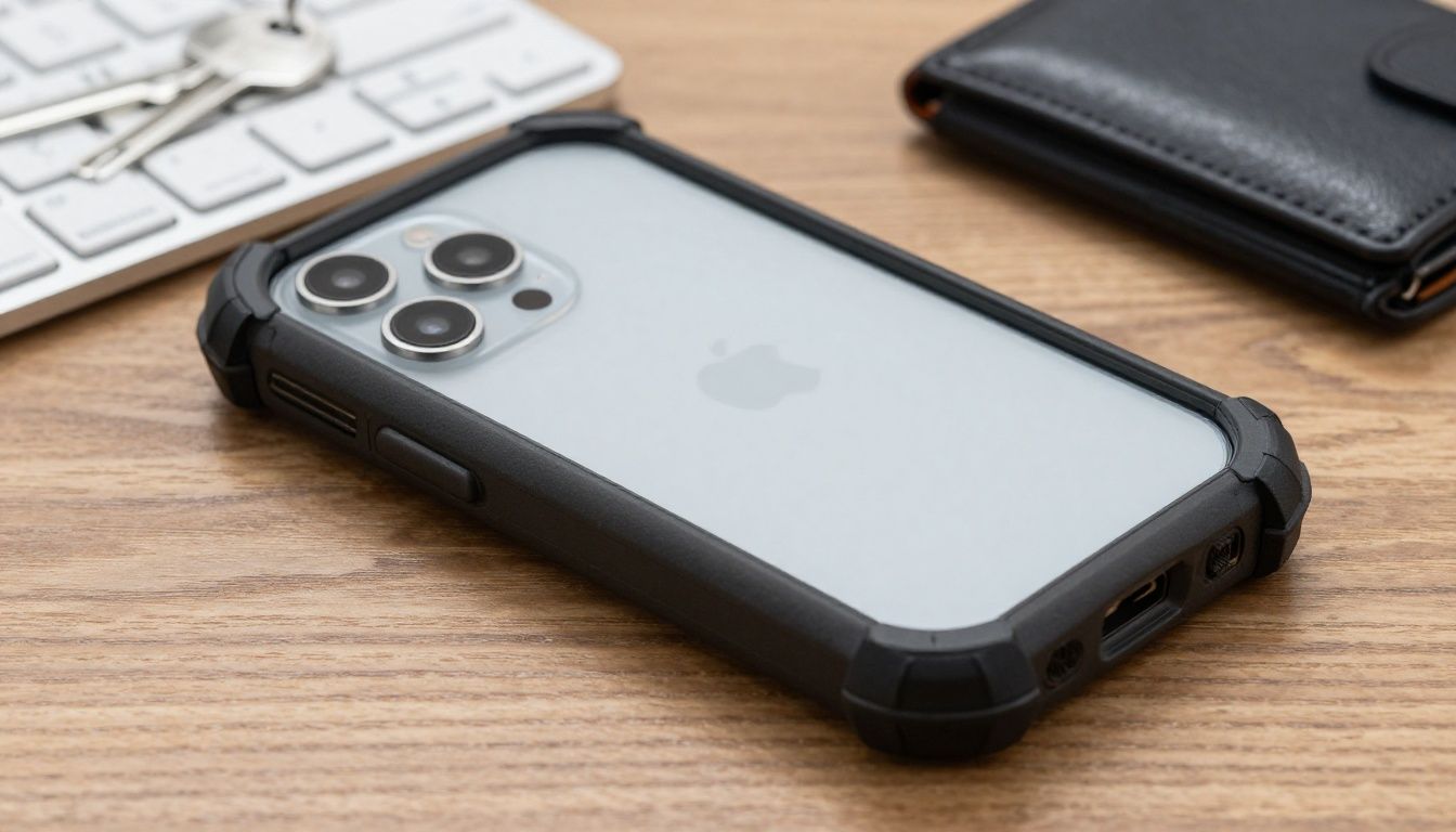 A close-up shot of an iPhone 15 in a rugged, heavy-duty case, showing the reinforced corners and textured grip, resting on a wooden table next to a set of keys and a wallet